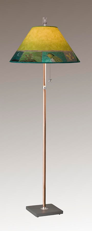 Janna Ugone &amp; Co Floor Lamp Steel Floor Lamp on  Reclaimed Wood with Large Conical Shade in Woodland Trails in Leaf