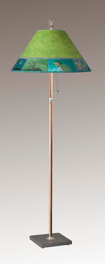 Janna Ugone &amp; Co Floor Lamp Steel Floor Lamp on  Reclaimed Wood with Large Conical Shade in Woodland Trails in Leaf