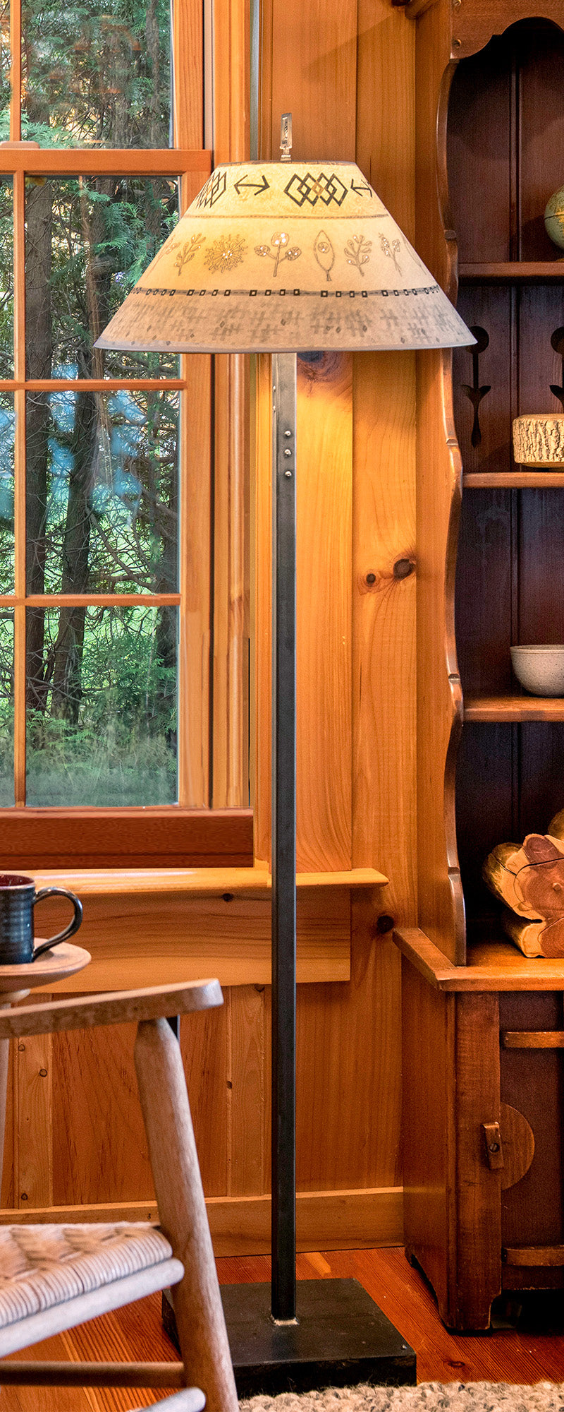 Janna Ugone & Co Floor Lamps Steel Floor Lamp on  Reclaimed Wood with Large Conical Shade in Woven & Sprig in Mist