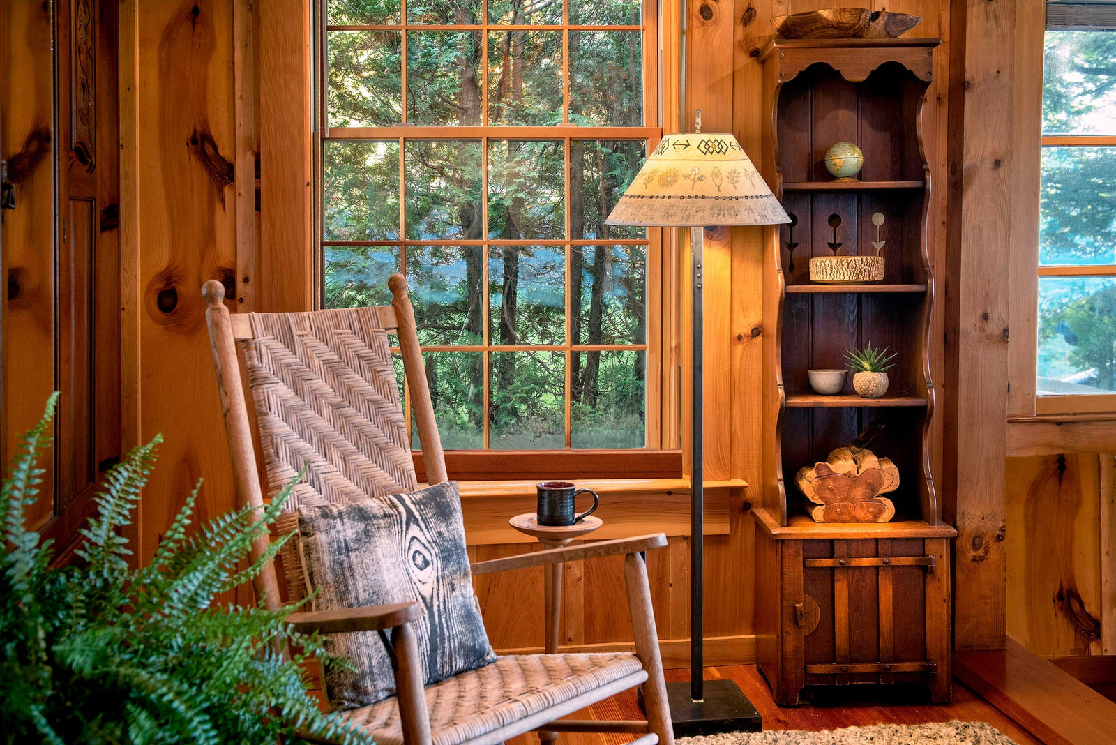 Janna Ugone & Co Floor Lamps Steel Floor Lamp on  Reclaimed Wood with Large Conical Shade in Woven & Sprig in Mist