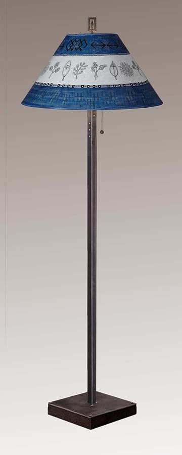 Steel Floor Lamp on  Reclaimed Wood with Large Conical Shade in Woven &amp; Sprig in Sapphire