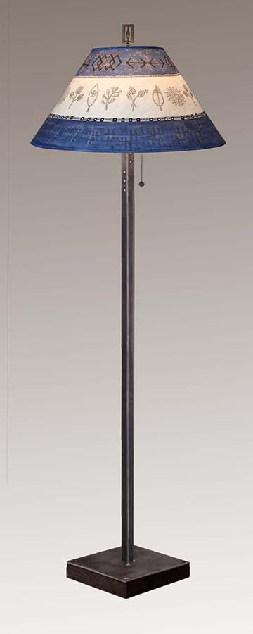 Steel Floor Lamp on  Reclaimed Wood with Large Conical Shade in Woven &amp; Sprig in Sapphire