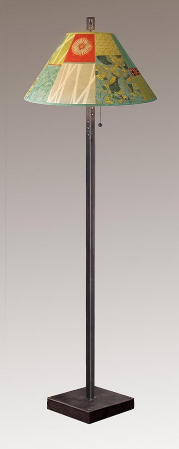 Janna Ugone & Co Floor Lamps Steel Floor Lamp on Reclaimed Wood with Large Conical Shade in Zest