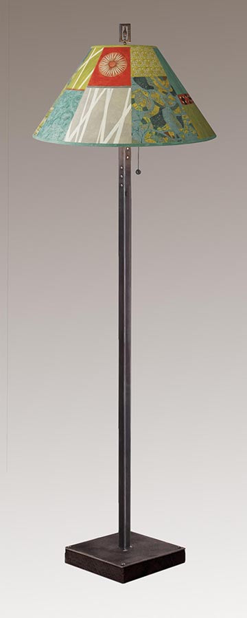 Janna Ugone & Co Floor Lamps Steel Floor Lamp on Reclaimed Wood with Large Conical Shade in Zest