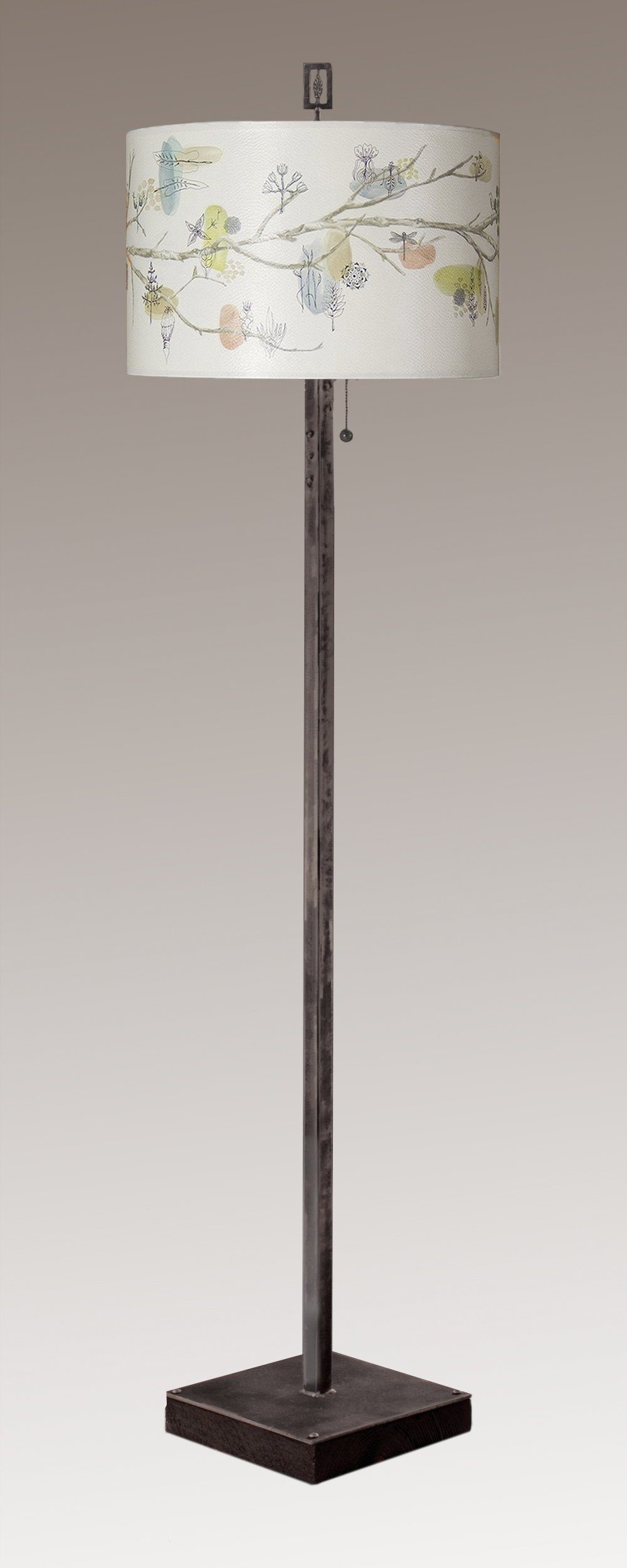 Janna Ugone & Co Floor Lamps Steel Floor Lamp on Reclaimed Wood with Large Drum Shade in Artful Branch