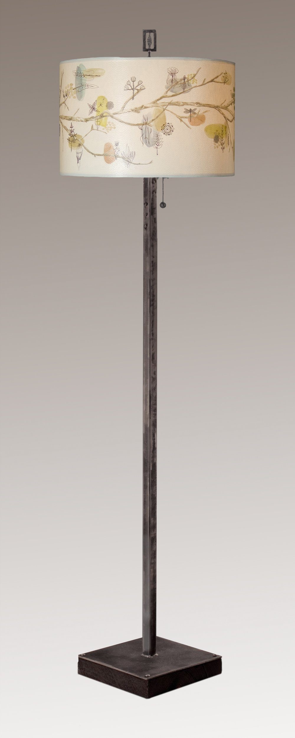 Janna Ugone & Co Floor Lamps Steel Floor Lamp on Reclaimed Wood with Large Drum Shade in Artful Branch