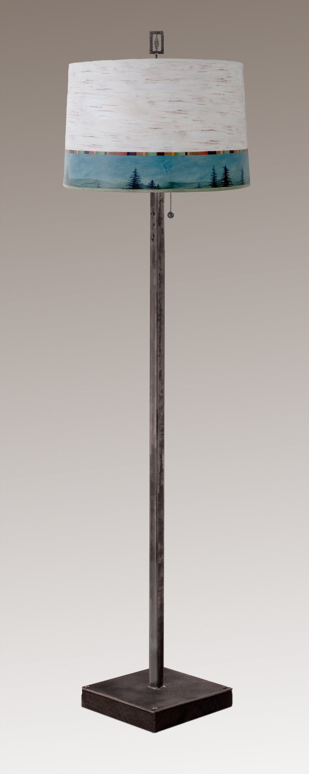 Janna Ugone & Co Floor Lamps Steel Floor Lamp on Reclaimed Wood with Large Drum Shade in Birch Midnight