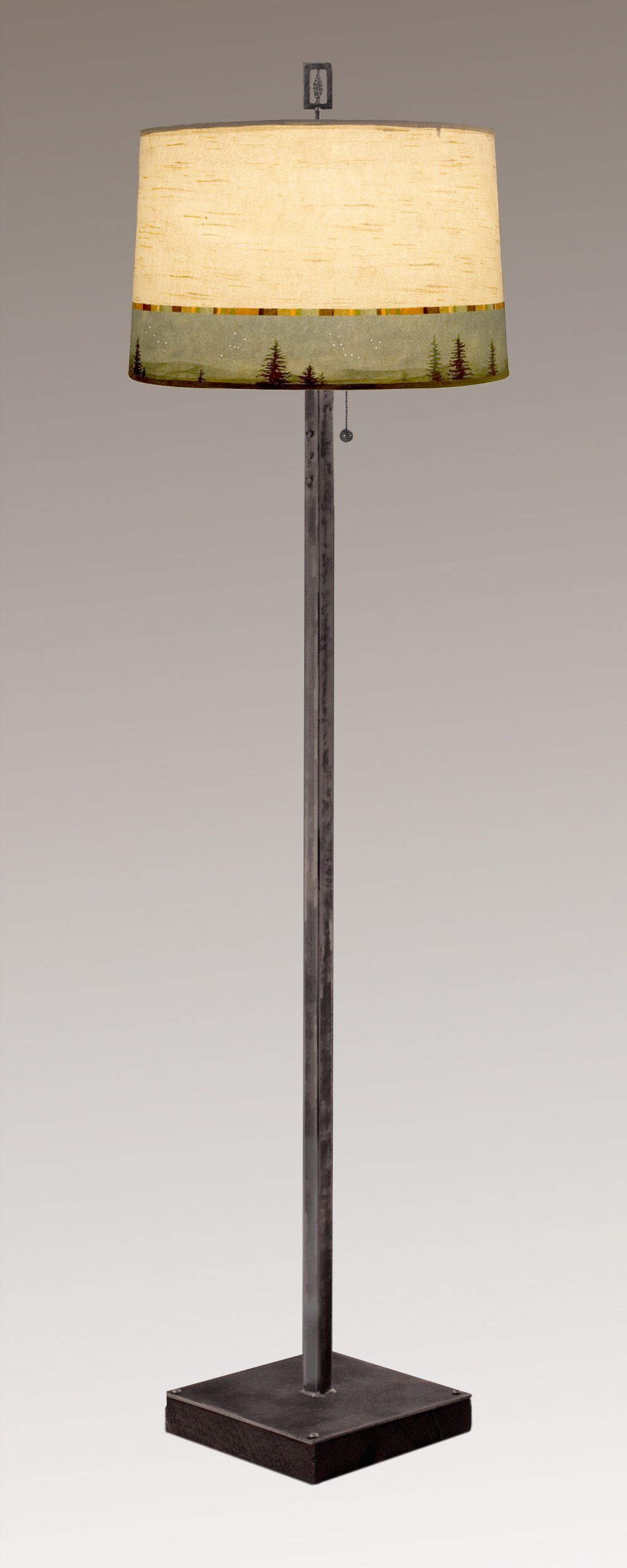 Janna Ugone & Co Floor Lamps Steel Floor Lamp on Reclaimed Wood with Large Drum Shade in Birch Midnight