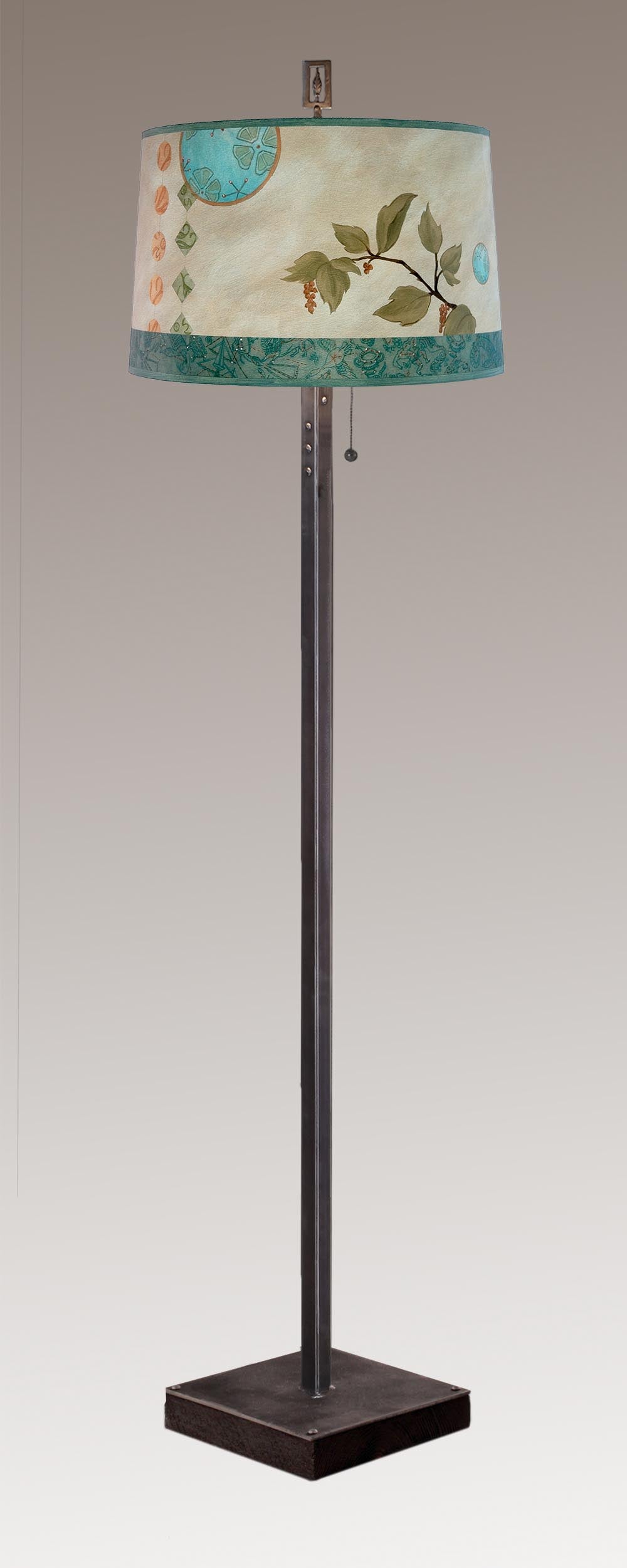 Janna Ugone & Co Floor Lamp Steel Floor Lamp on Reclaimed Wood with Large Drum Shade in Celestial Leaf