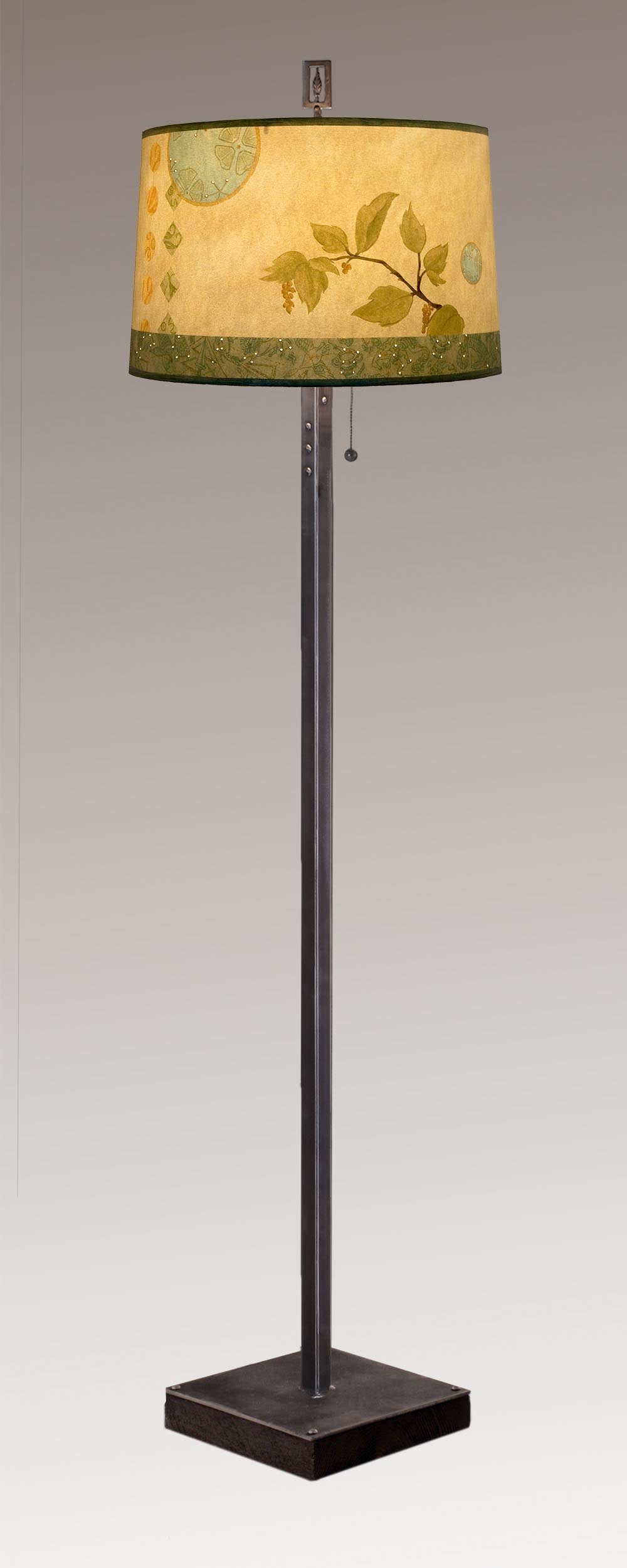 Janna Ugone & Co Floor Lamp Steel Floor Lamp on Reclaimed Wood with Large Drum Shade in Celestial Leaf