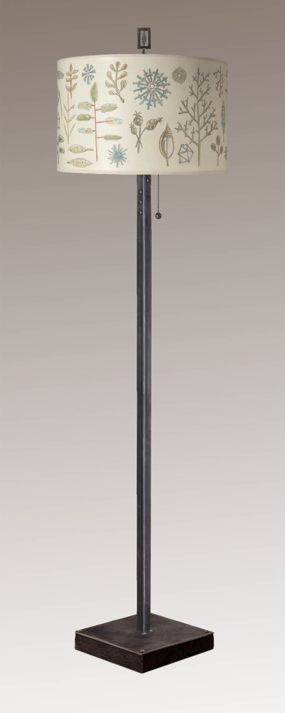 Janna Ugone & Co Floor Lamp Steel Floor Lamp on Reclaimed Wood with Large Drum Shade in Field Chart