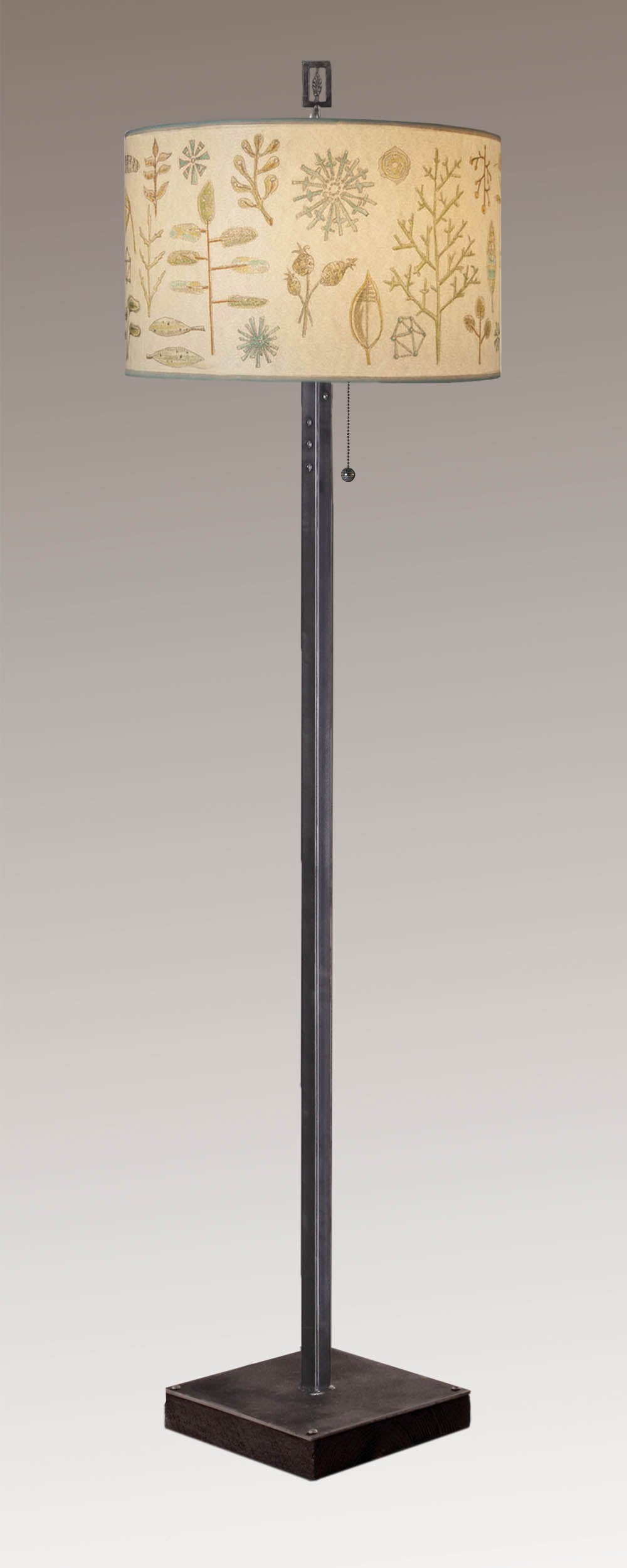 Janna Ugone & Co Floor Lamp Steel Floor Lamp on Reclaimed Wood with Large Drum Shade in Field Chart