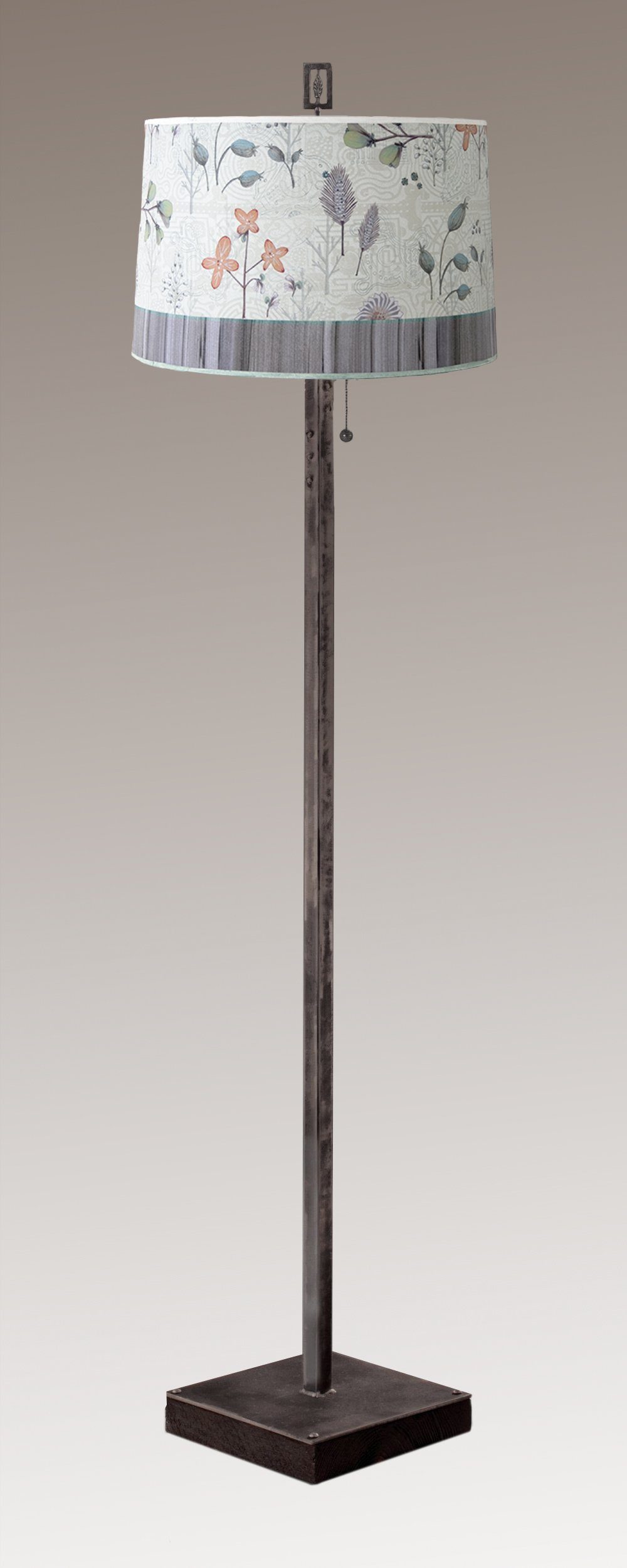 Janna Ugone & Co Floor Lamps Steel Floor Lamp on Reclaimed Wood with Large Drum Shade in Flora & Maze