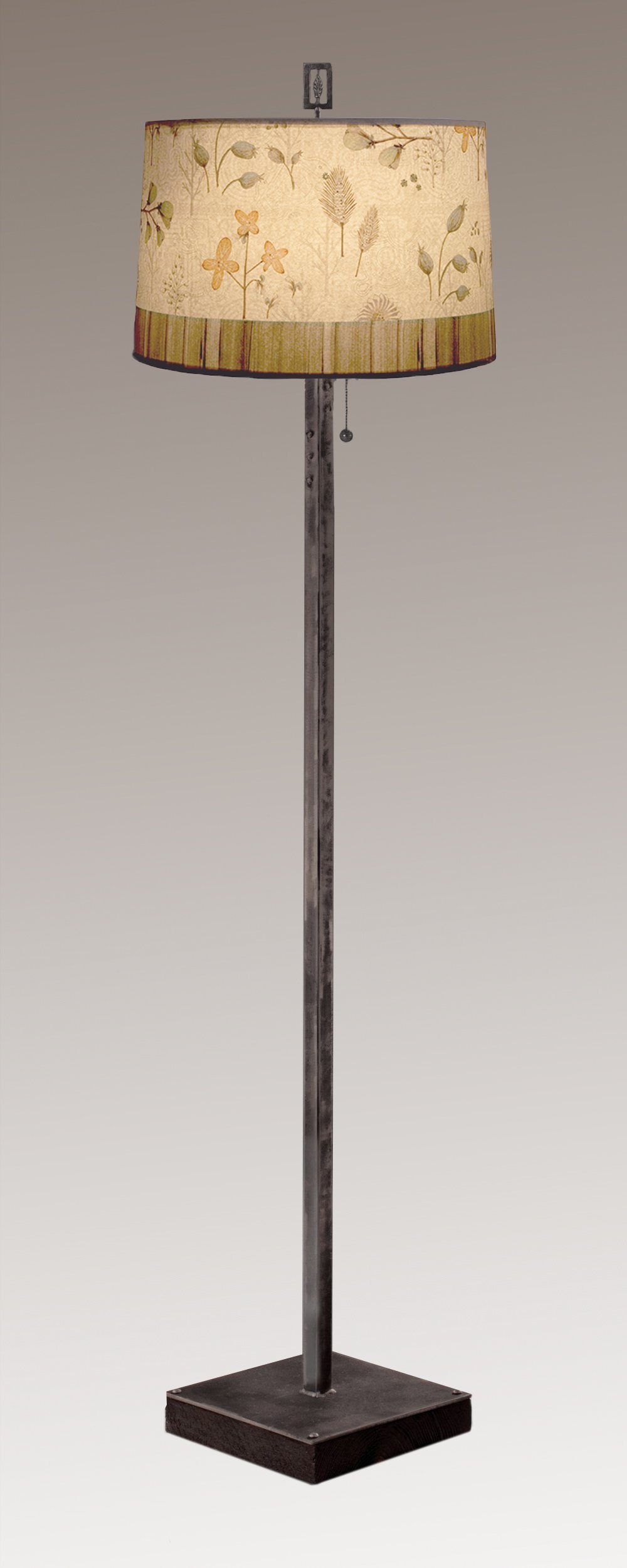 Janna Ugone & Co Floor Lamps Steel Floor Lamp on Reclaimed Wood with Large Drum Shade in Flora & Maze