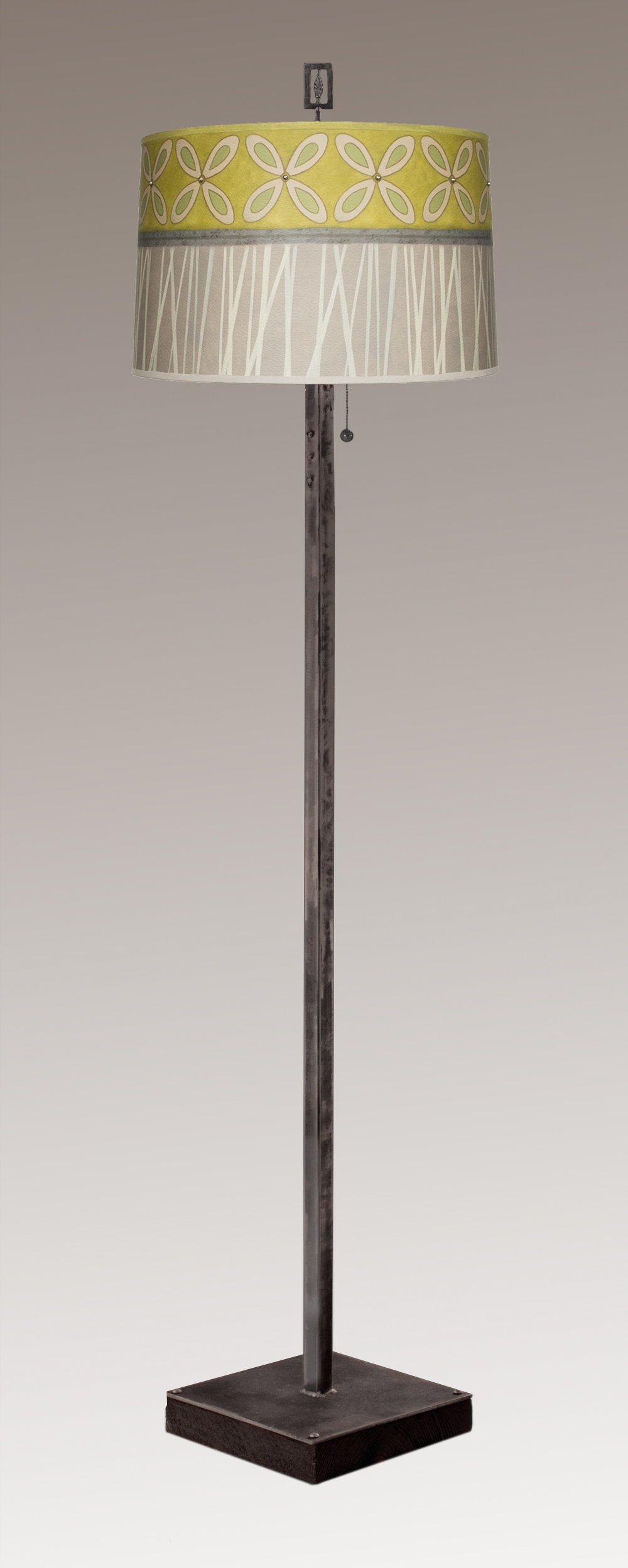 Janna Ugone & Co Floor Lamps Steel Floor Lamp on Reclaimed Wood with Large Drum Shade in Kiwi