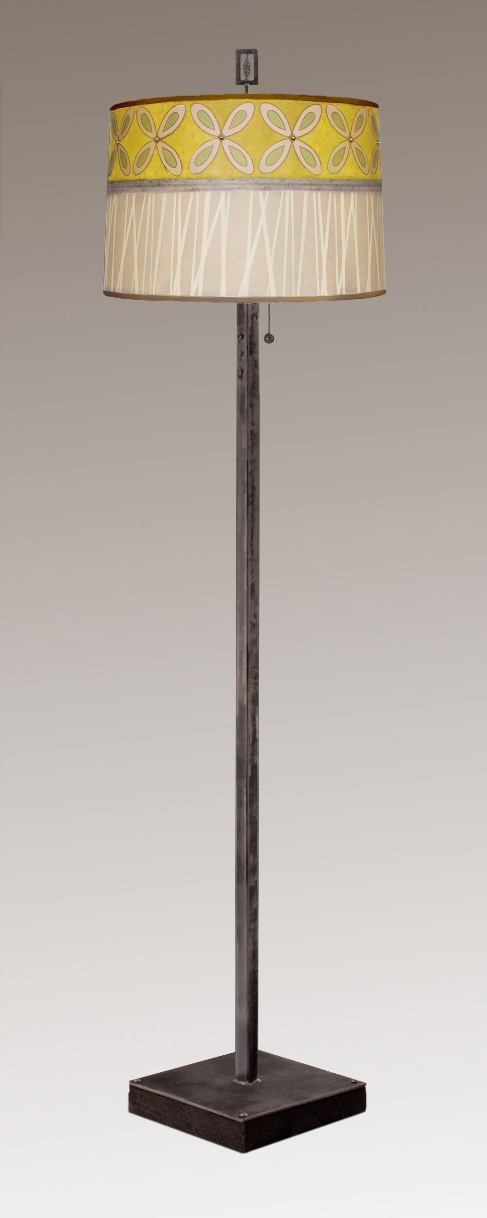 Janna Ugone & Co Floor Lamps Steel Floor Lamp on Reclaimed Wood with Large Drum Shade in Kiwi