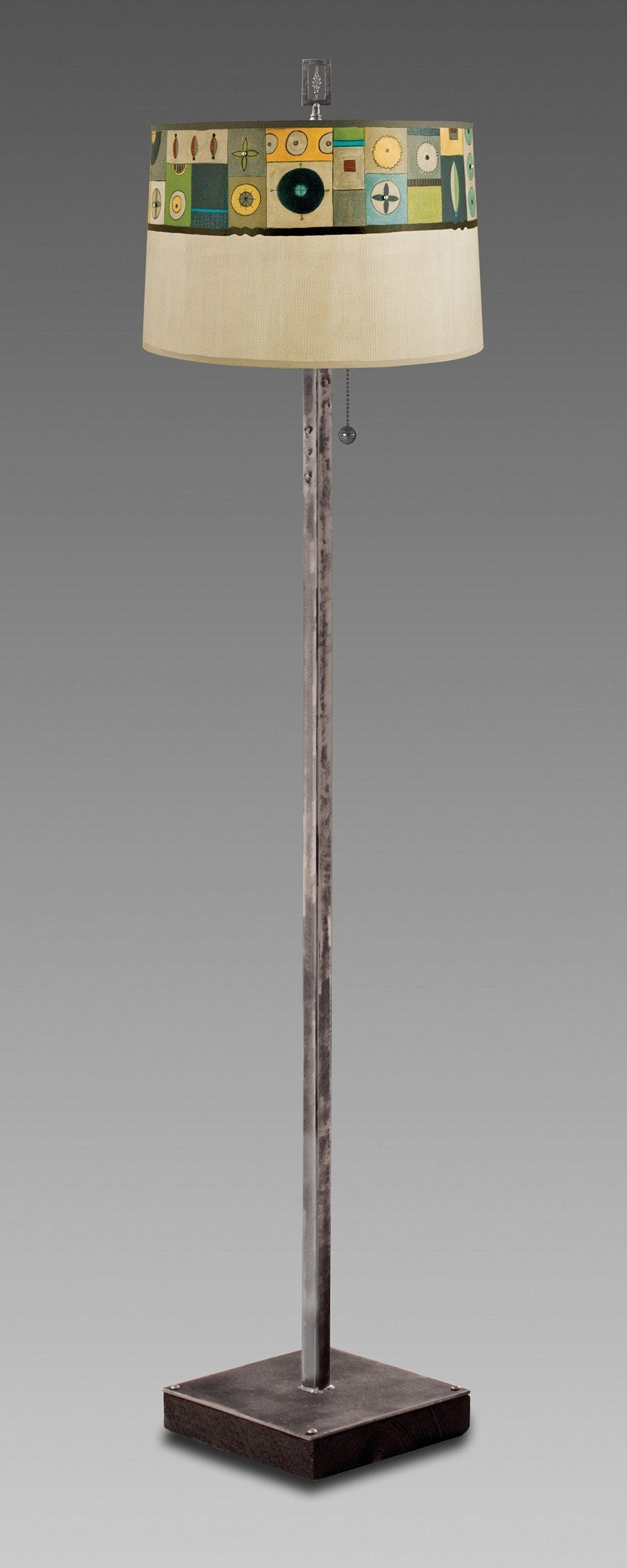 Janna Ugone & Co Floor Lamps Steel Floor Lamp on Reclaimed Wood with Large Drum Shade in Lucky Mosaic Oyster