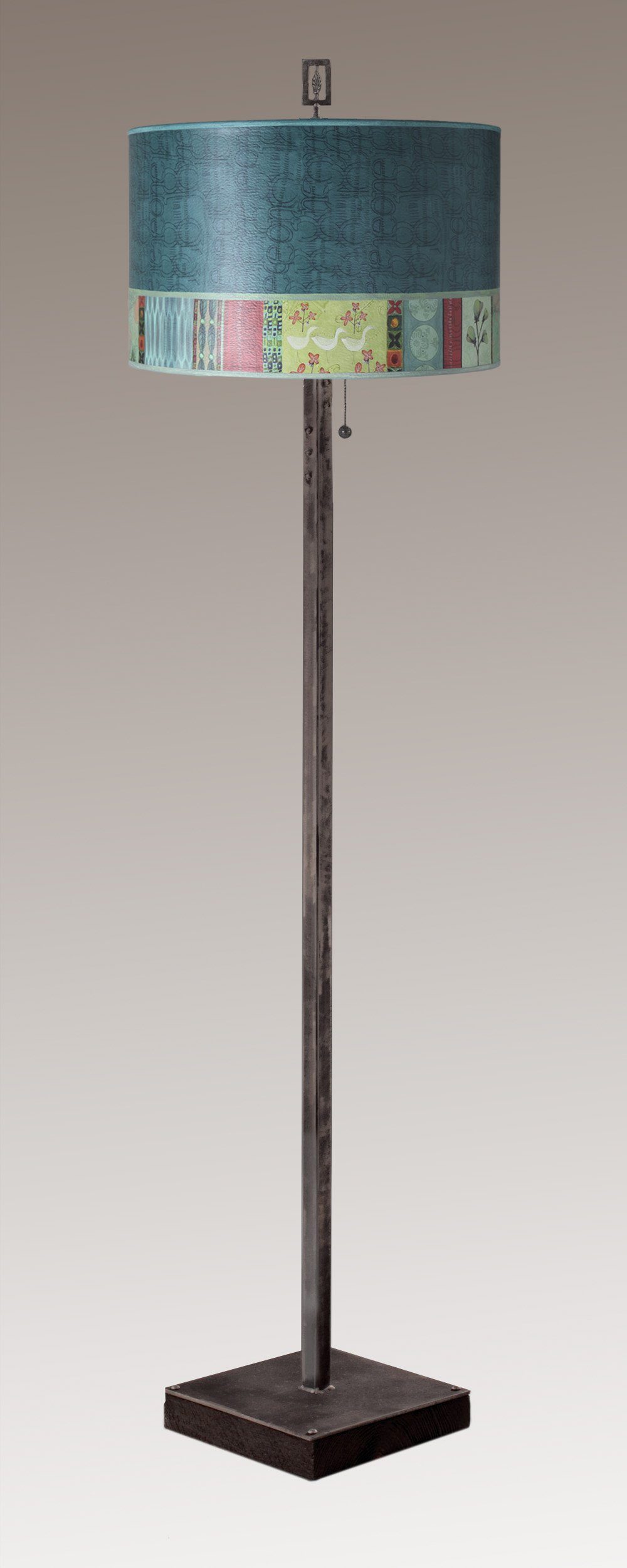 Janna Ugone & Co Floor Lamps Steel Floor Lamp on Reclaimed Wood with Large Drum Shade in Melody in Jade