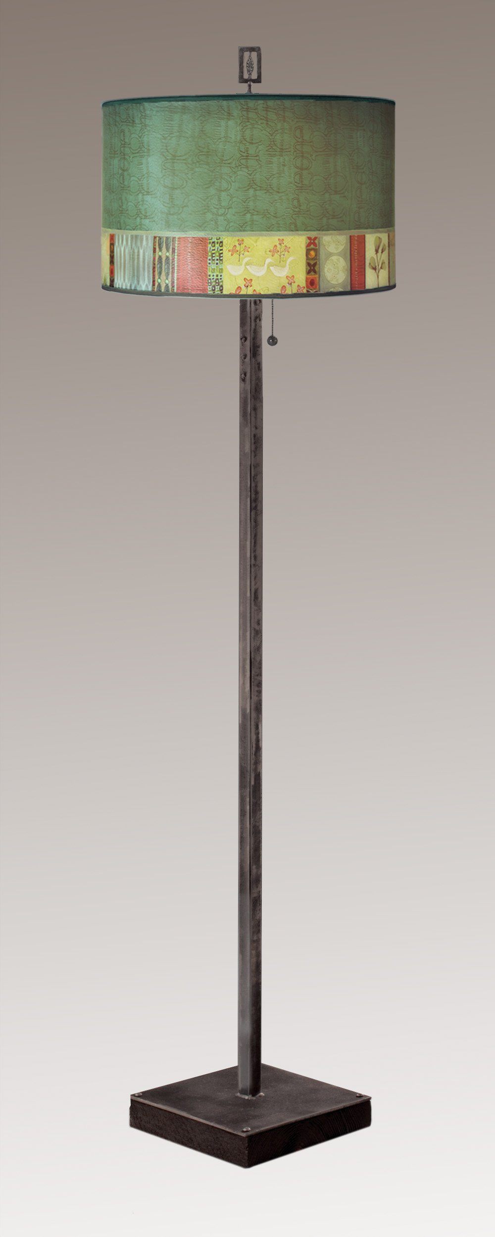 Janna Ugone & Co Floor Lamps Steel Floor Lamp on Reclaimed Wood with Large Drum Shade in Melody in Jade