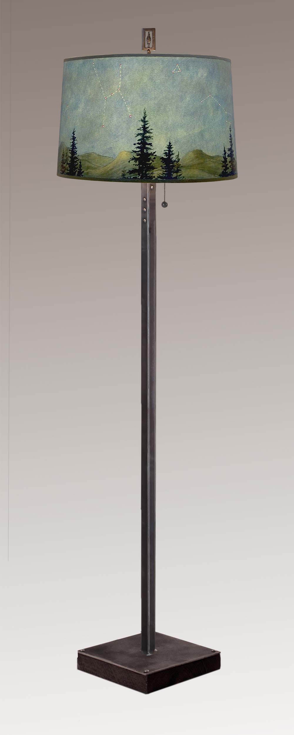 Janna Ugone & Co Floor Lamps Steel Floor Lamp on Reclaimed Wood with Large Drum Shade in Midnight Sky