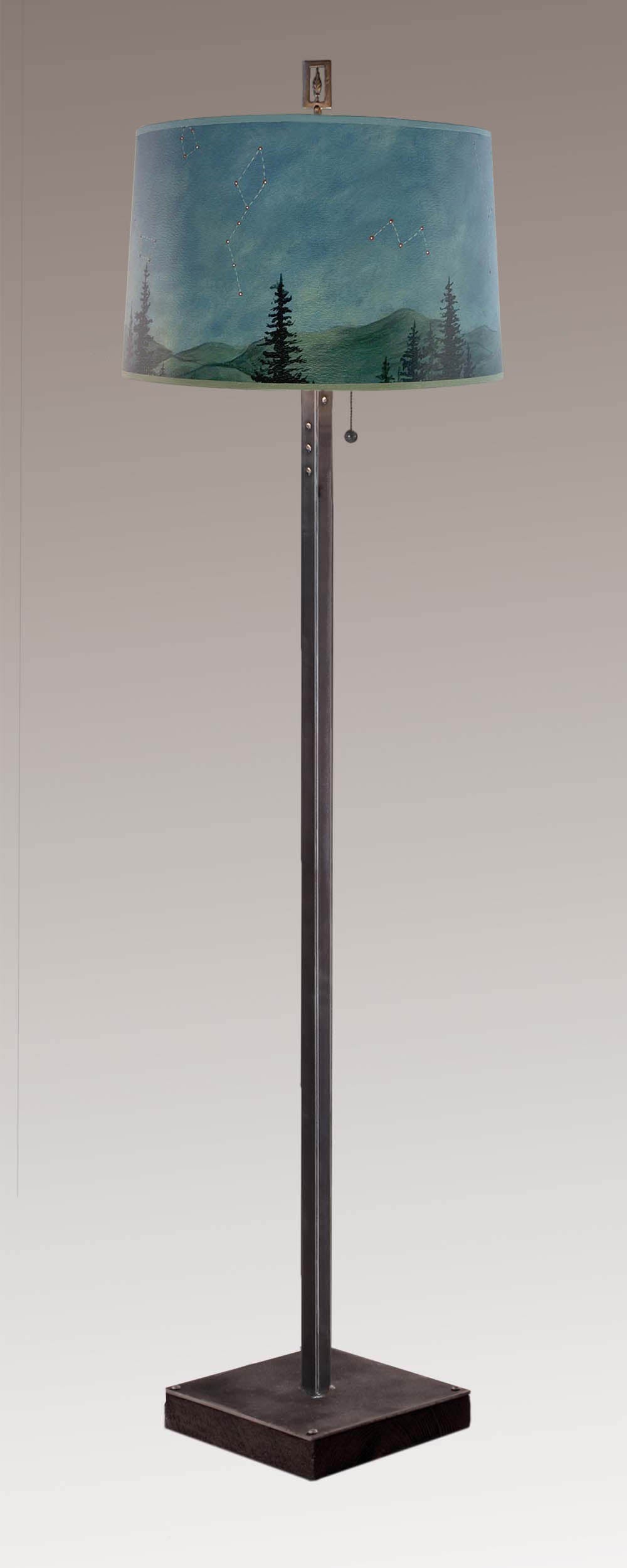 Janna Ugone &amp; Co Floor Lamps Steel Floor Lamp on Reclaimed Wood with Large Drum Shade in Midnight Sky