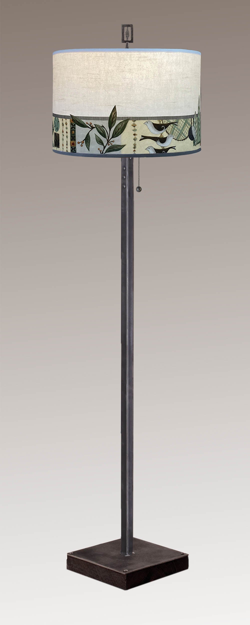 Janna Ugone & Co Floor Lamp Steel Floor Lamp on Reclaimed Wood with Large Drum Shade in New Capri Opal