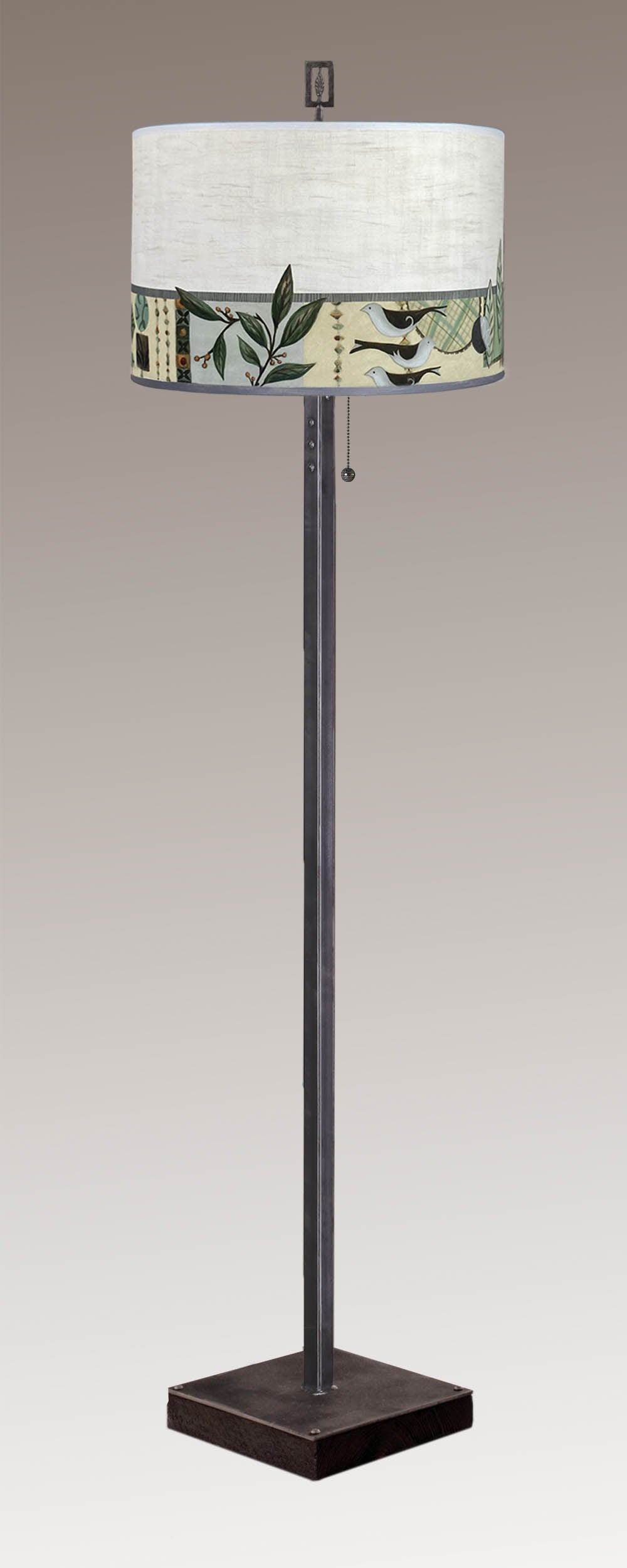 Janna Ugone & Co Floor Lamp Steel Floor Lamp on Reclaimed Wood with Large Drum Shade in New Capri Opal