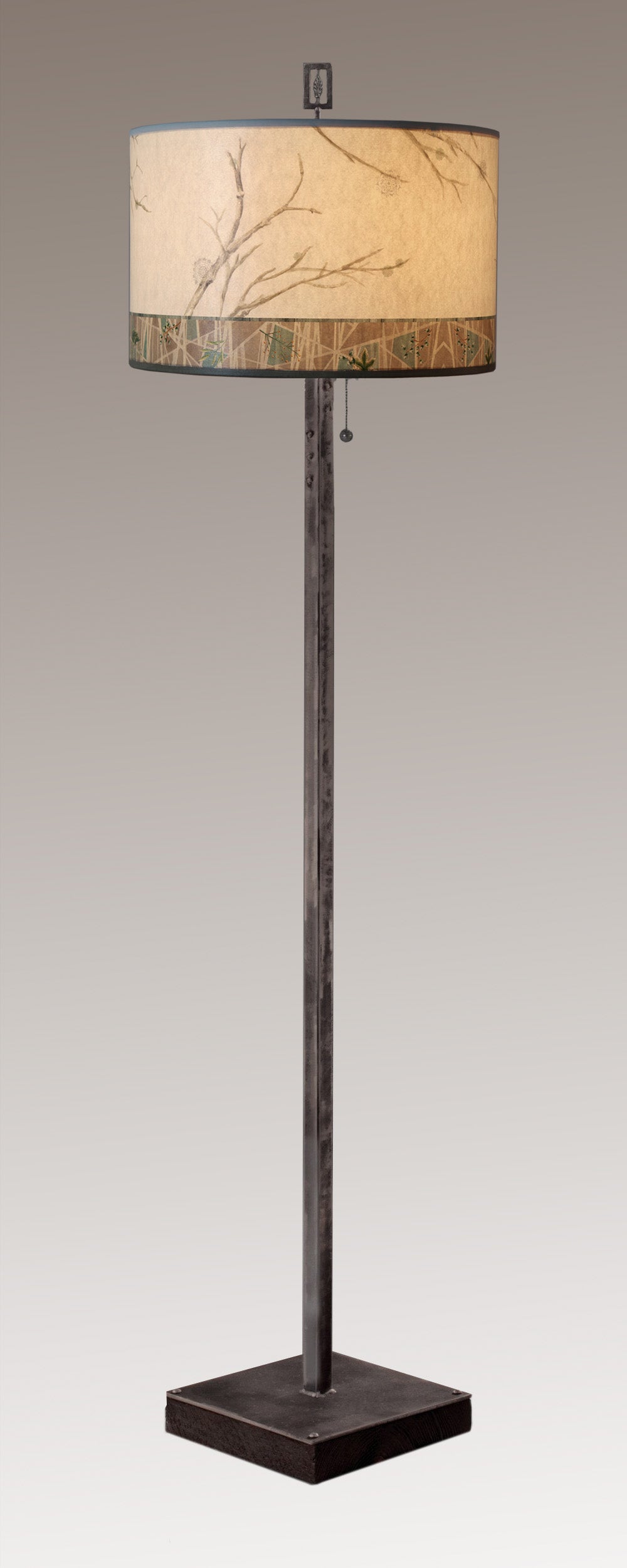 Janna Ugone & Co Floor Lamps Steel Floor Lamp on Reclaimed Wood with Large Drum Shade in Prism Branch