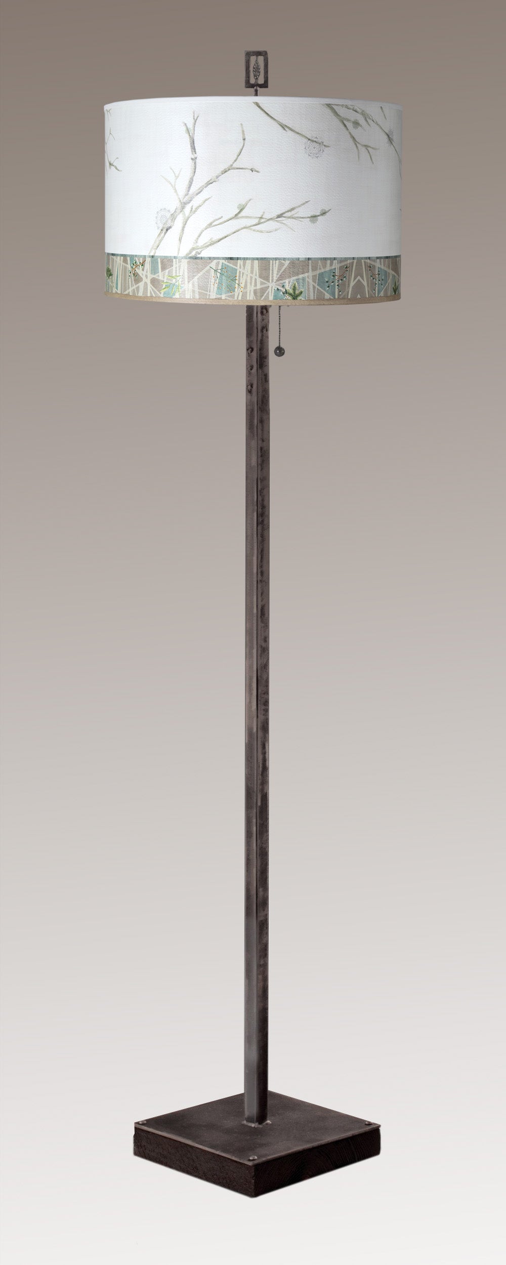 Janna Ugone & Co Floor Lamps Steel Floor Lamp on Reclaimed Wood with Large Drum Shade in Prism Branch