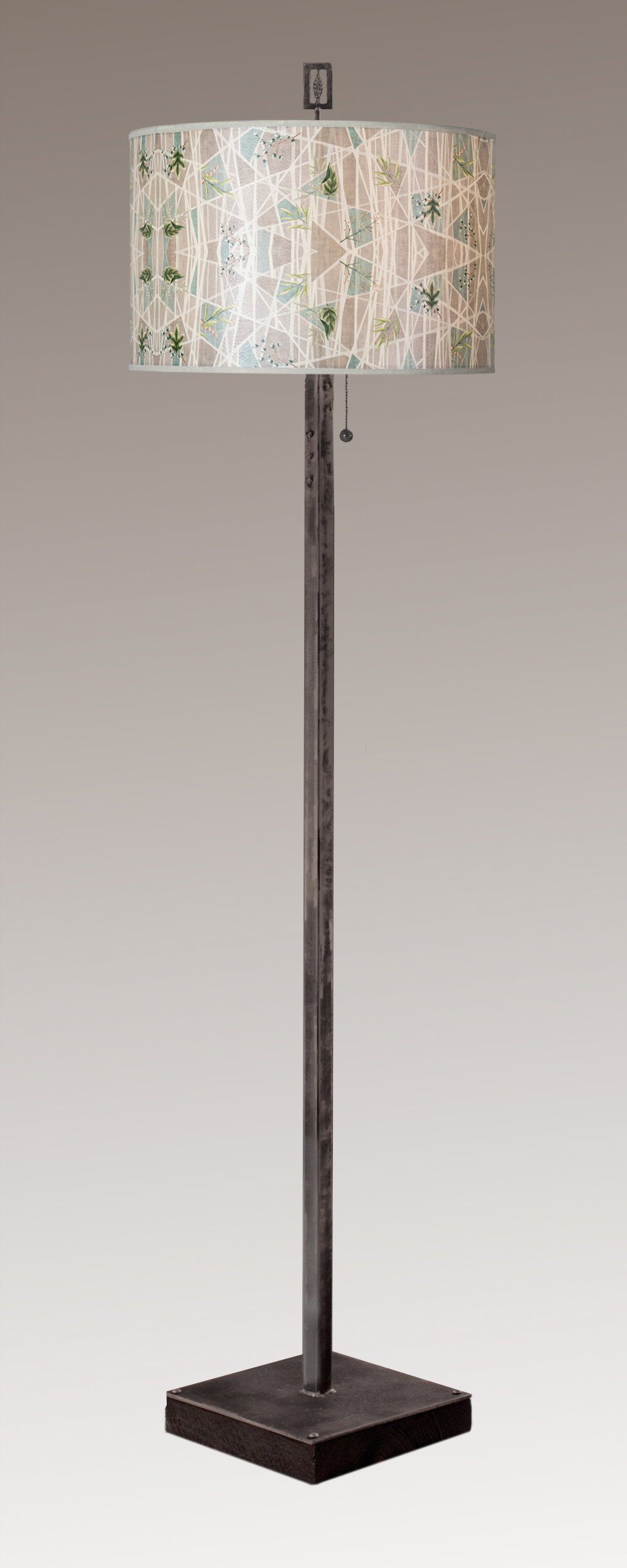 Janna Ugone & Co Floor Lamps Steel Floor Lamp on Reclaimed Wood with Large Drum Shade in Prism