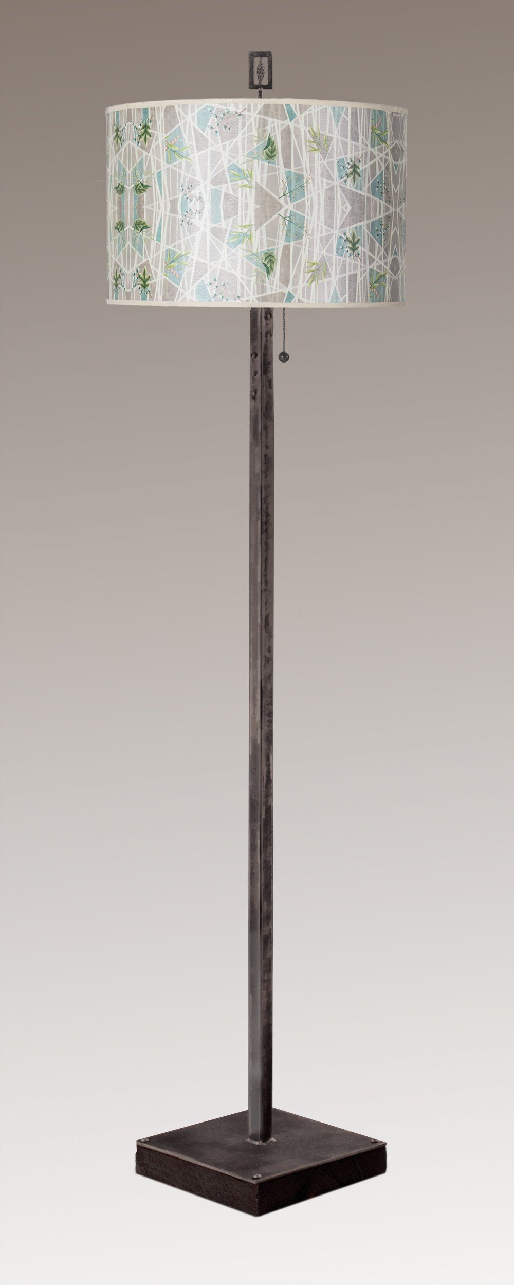 Janna Ugone & Co Floor Lamps Steel Floor Lamp on Reclaimed Wood with Large Drum Shade in Prism