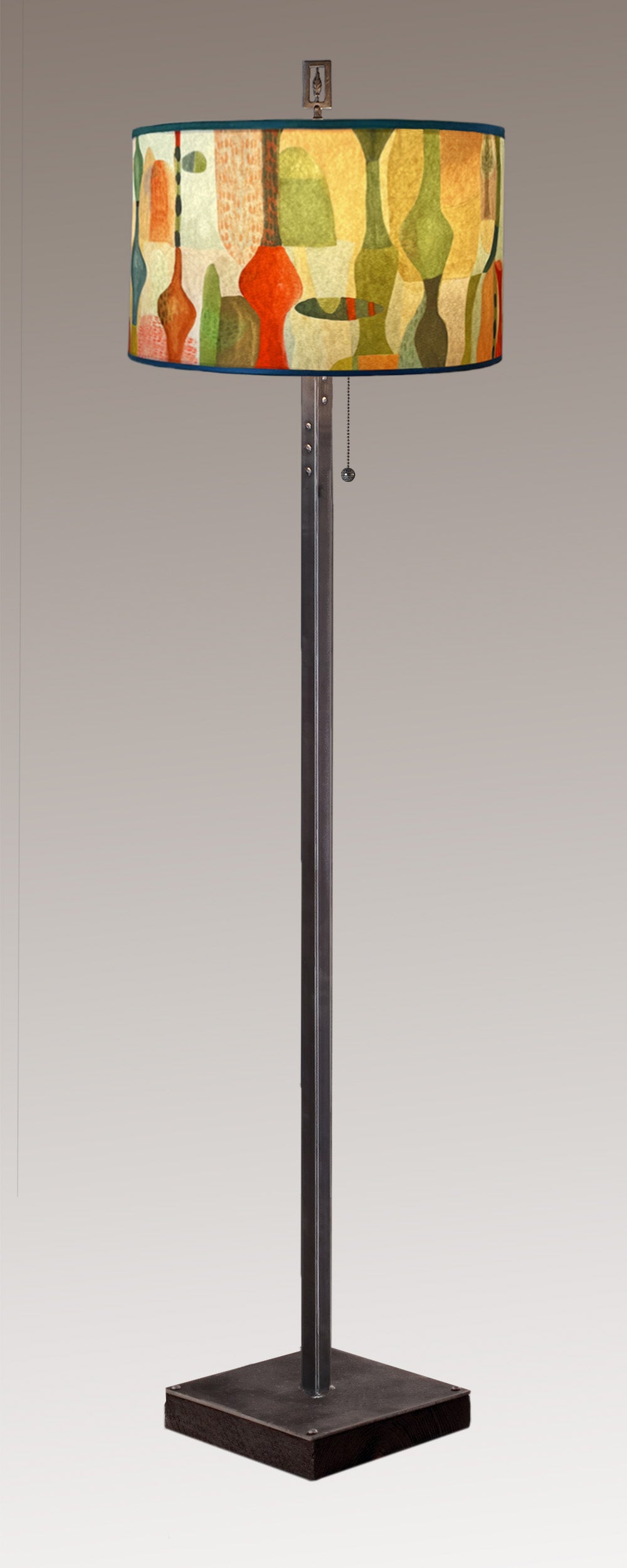 Janna Ugone & Co Floor Lamp Steel Floor Lamp on Reclaimed Wood with Large Drum Shade in Riviera in Poppy