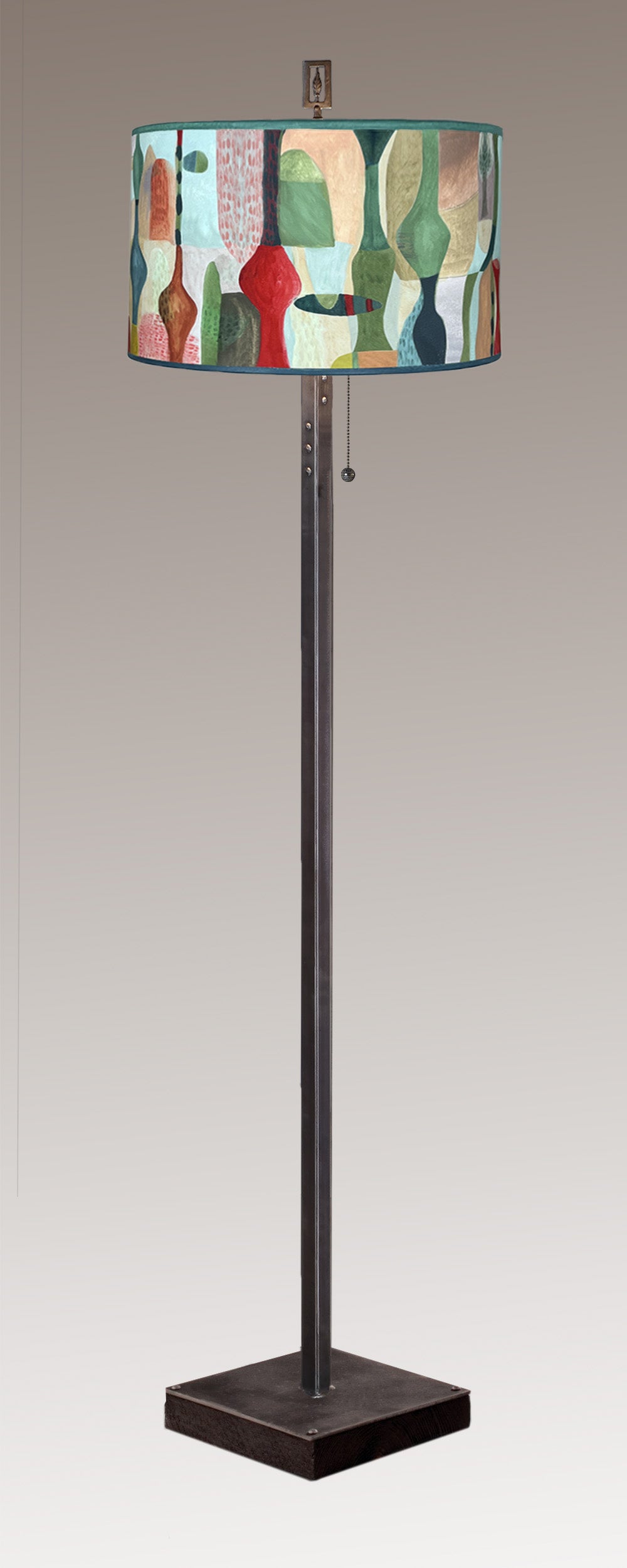 Janna Ugone & Co Floor Lamp Steel Floor Lamp on Reclaimed Wood with Large Drum Shade in Riviera in Poppy