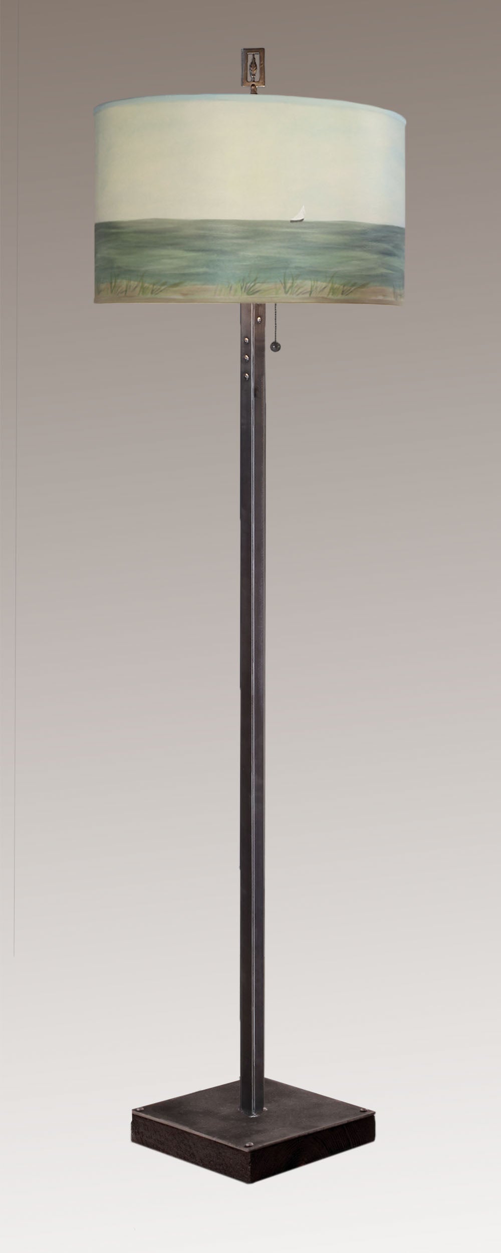 Janna Ugone & Co Floor Lamps Steel Floor Lamp on Reclaimed Wood with Large Drum Shade in Shore