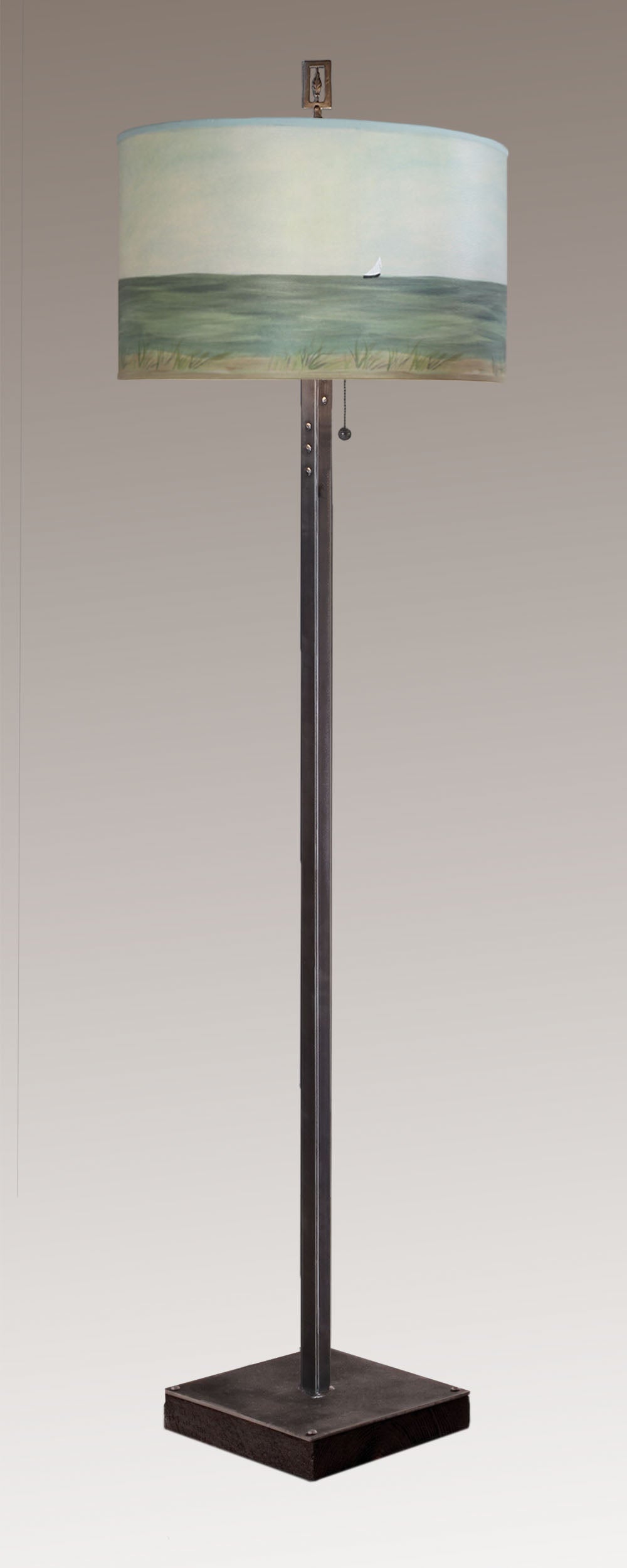 Janna Ugone & Co Floor Lamps Steel Floor Lamp on Reclaimed Wood with Large Drum Shade in Shore