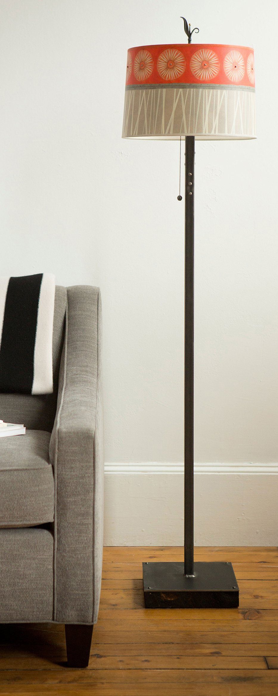 Janna Ugone & Co Floor Lamps Steel Floor Lamp on Reclaimed Wood with Large Drum Shade in Tang