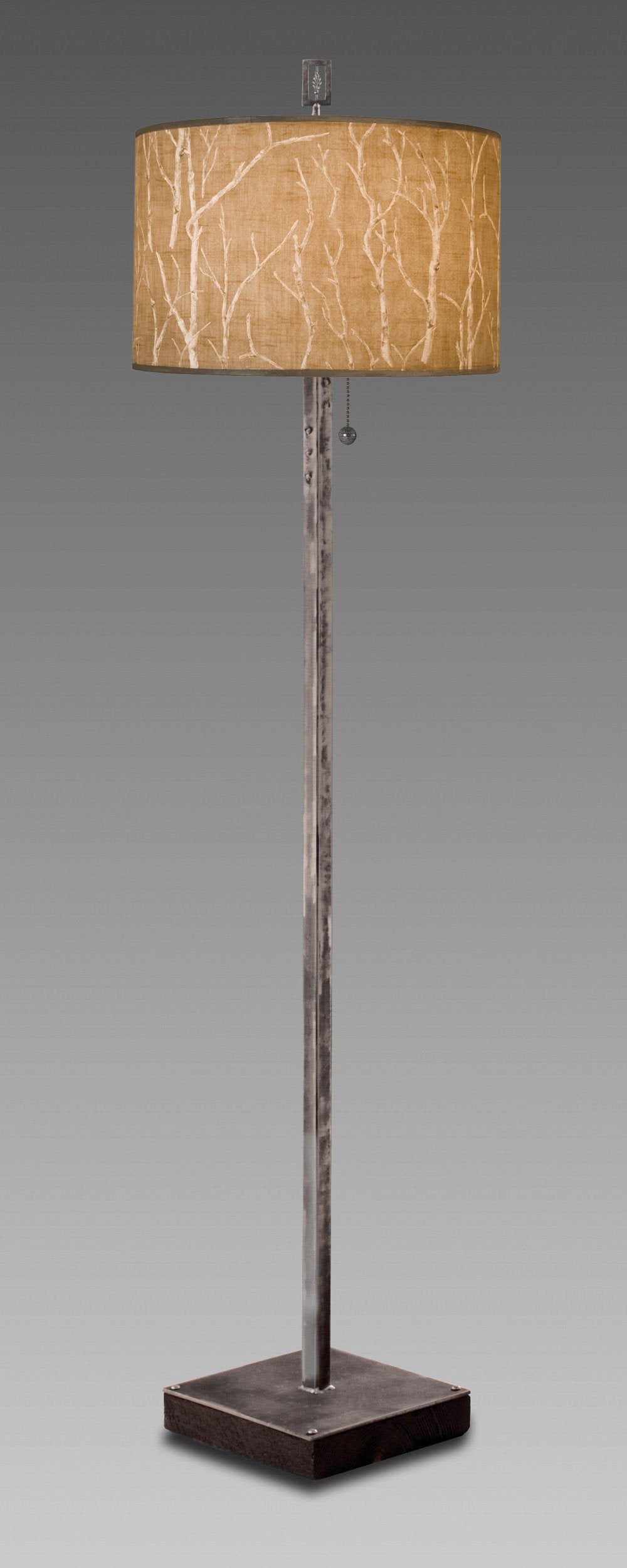 Janna Ugone & Co Floor Lamps Steel Floor Lamp on Reclaimed Wood with Large Drum Shade in Twigs