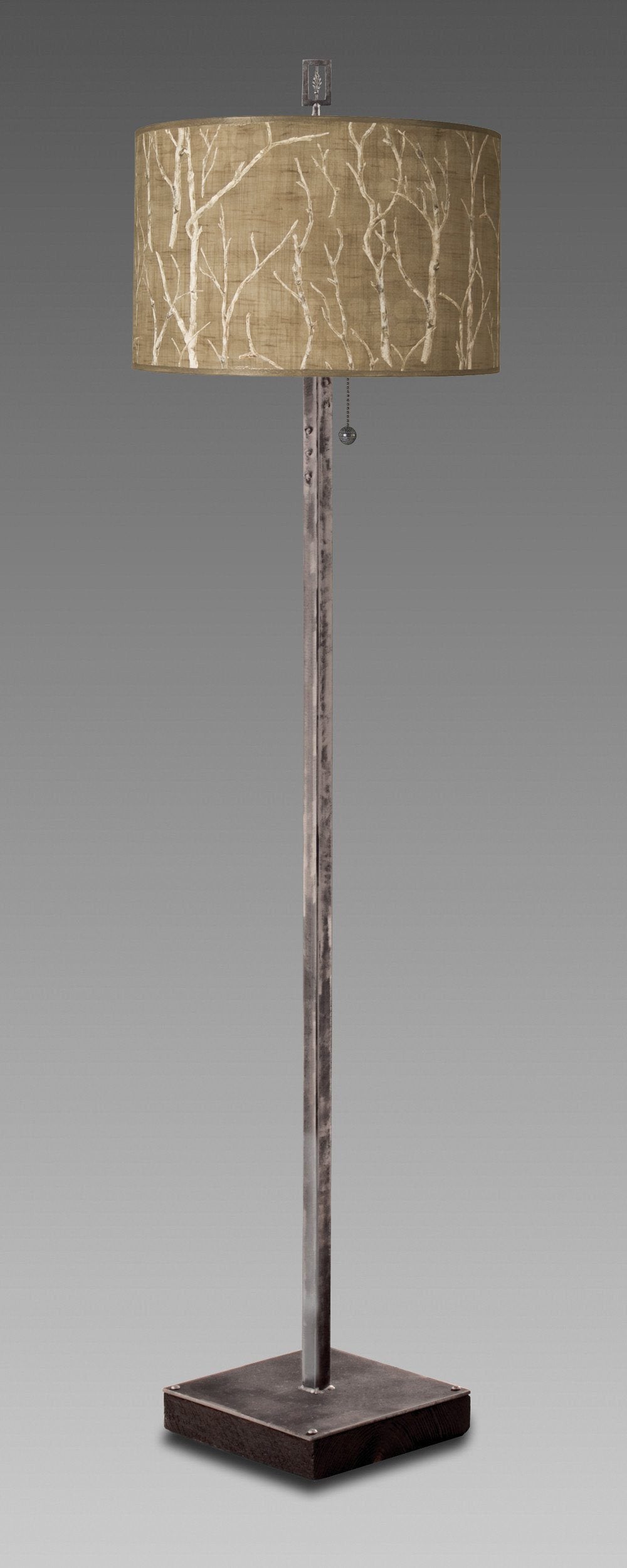 Janna Ugone & Co Floor Lamps Steel Floor Lamp on Reclaimed Wood with Large Drum Shade in Twigs