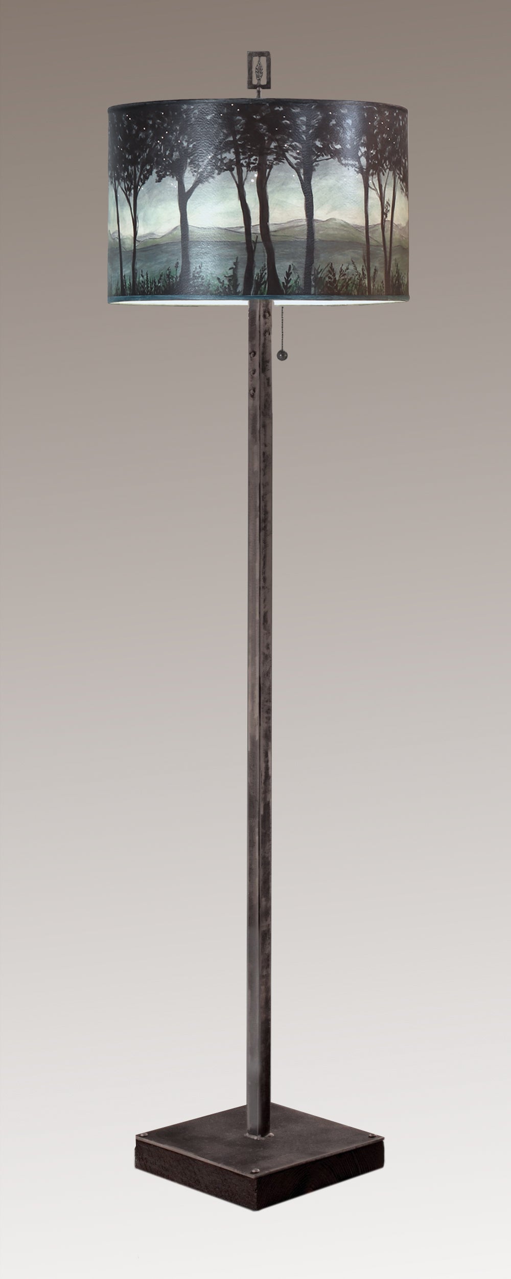 Janna Ugone & Co Floor Lamps Steel Floor Lamp on Reclaimed Wood with Large Drum Shade in Twilight