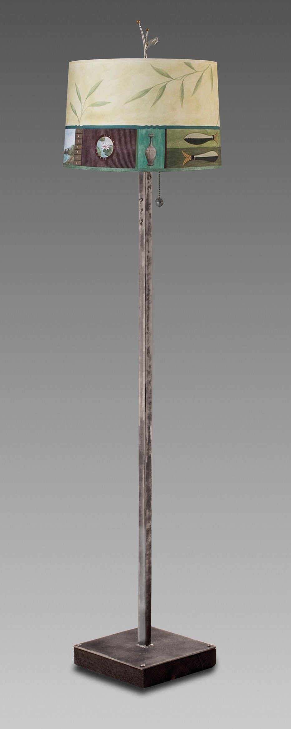 Steel Floor Lamp on Reclaimed Wood with Large Drum Shade in Twin Fish