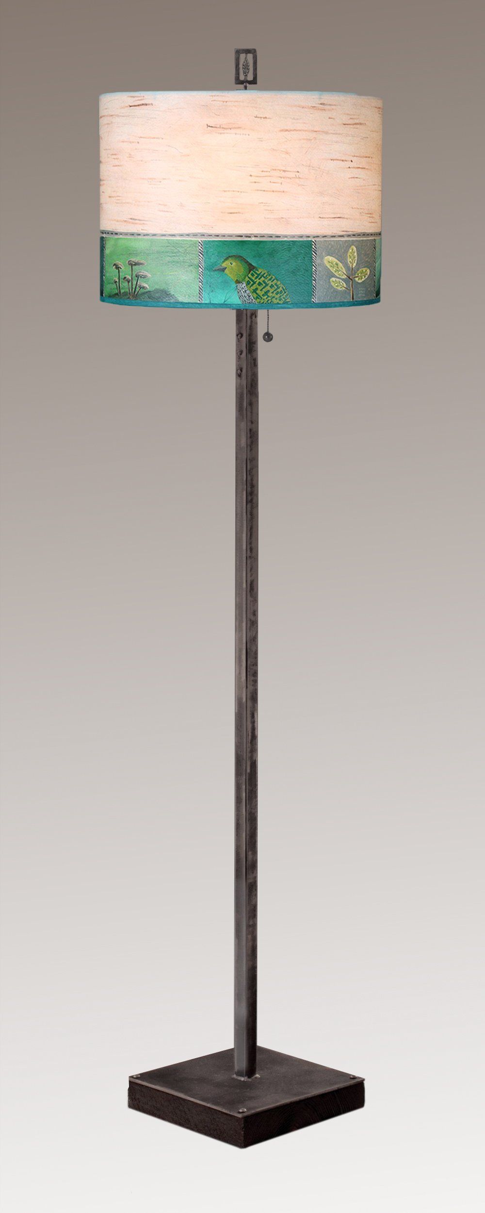 Janna Ugone & Co Floor Lamps Steel Floor Lamp on Reclaimed Wood with Large Drum Shade in Woodland Trails in Birch