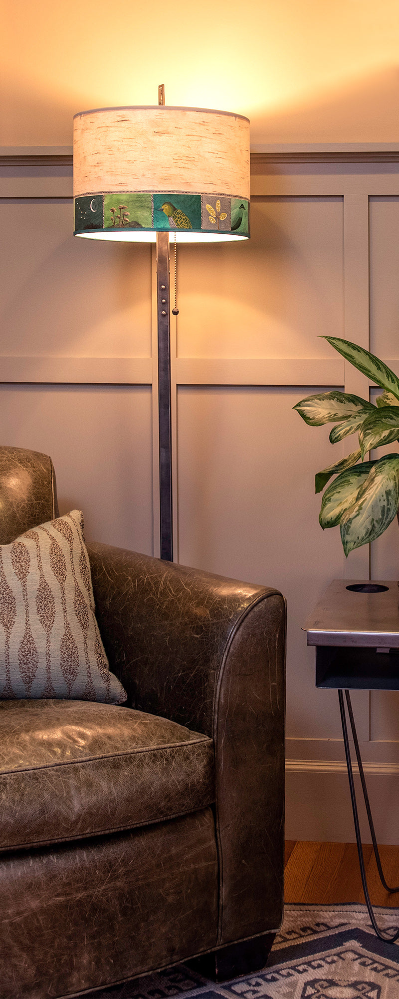 Janna Ugone & Co Floor Lamps Steel Floor Lamp on Reclaimed Wood with Large Drum Shade in Woodland Trails in Birch