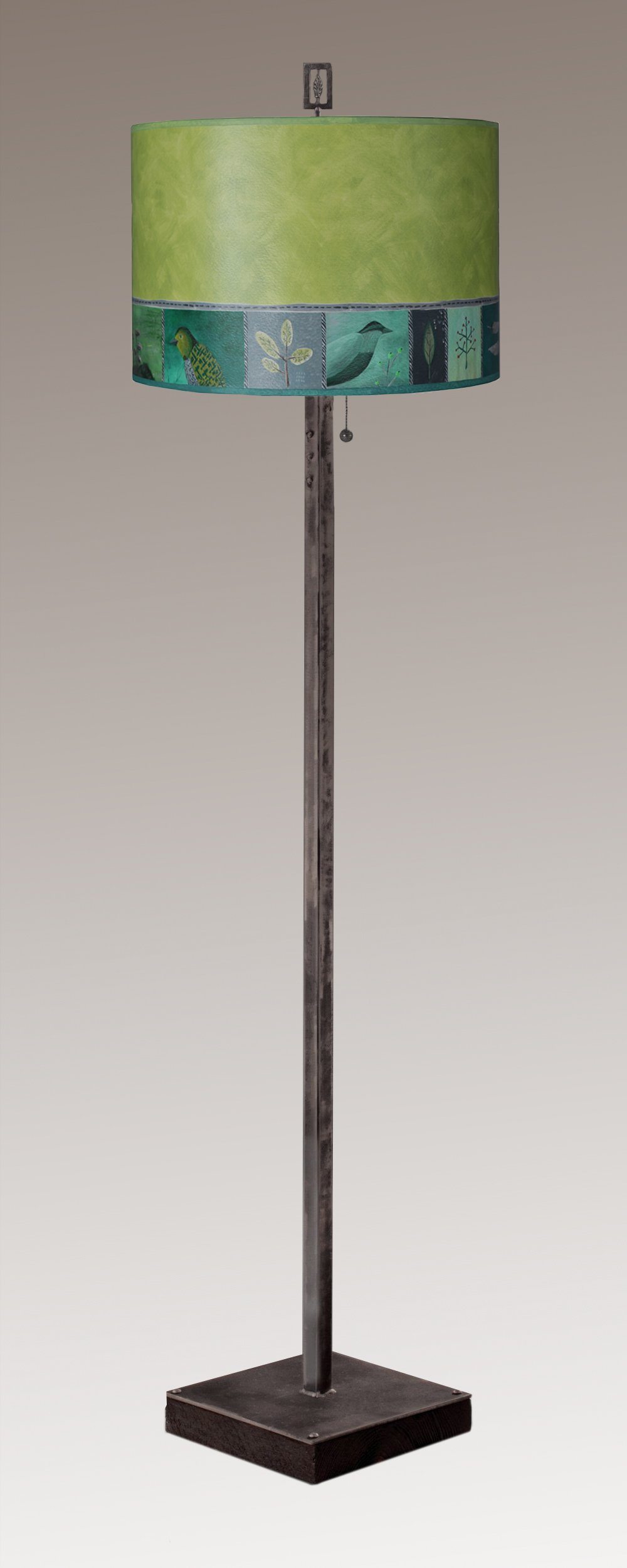 Janna Ugone & Co Floor Lamps Steel Floor Lamp on Reclaimed Wood with Large Drum Shade in Woodland Trails in Leaf