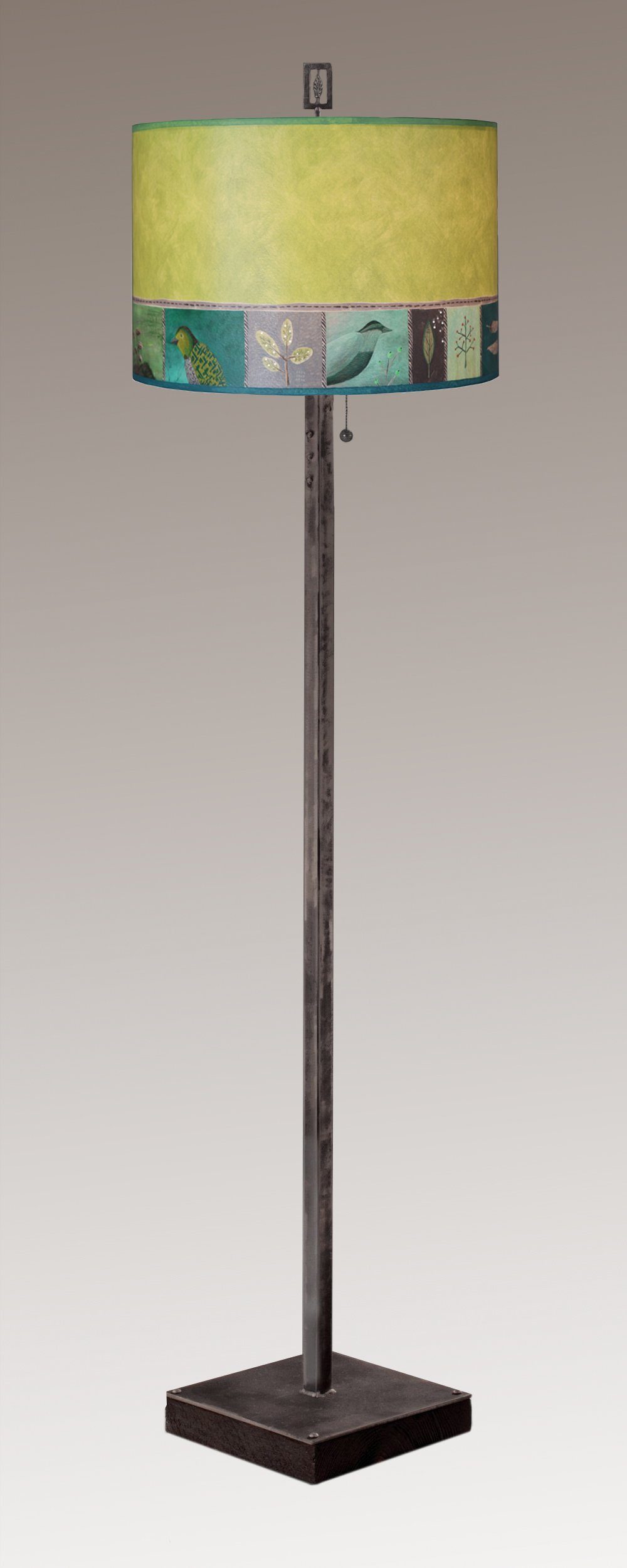 Janna Ugone & Co Floor Lamps Steel Floor Lamp on Reclaimed Wood with Large Drum Shade in Woodland Trails in Leaf