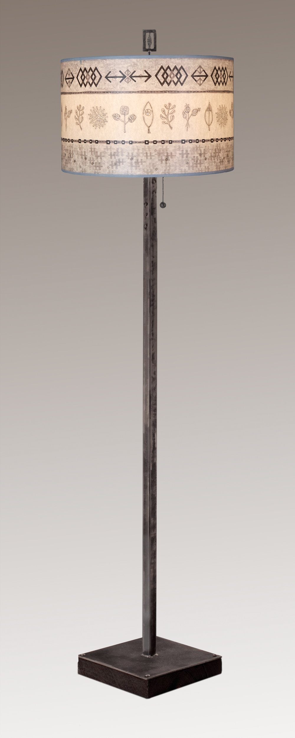 Janna Ugone & Co Floor Lamps Steel Floor Lamp on Reclaimed Wood with Large Drum Shade in Woven & Sprig in Mist