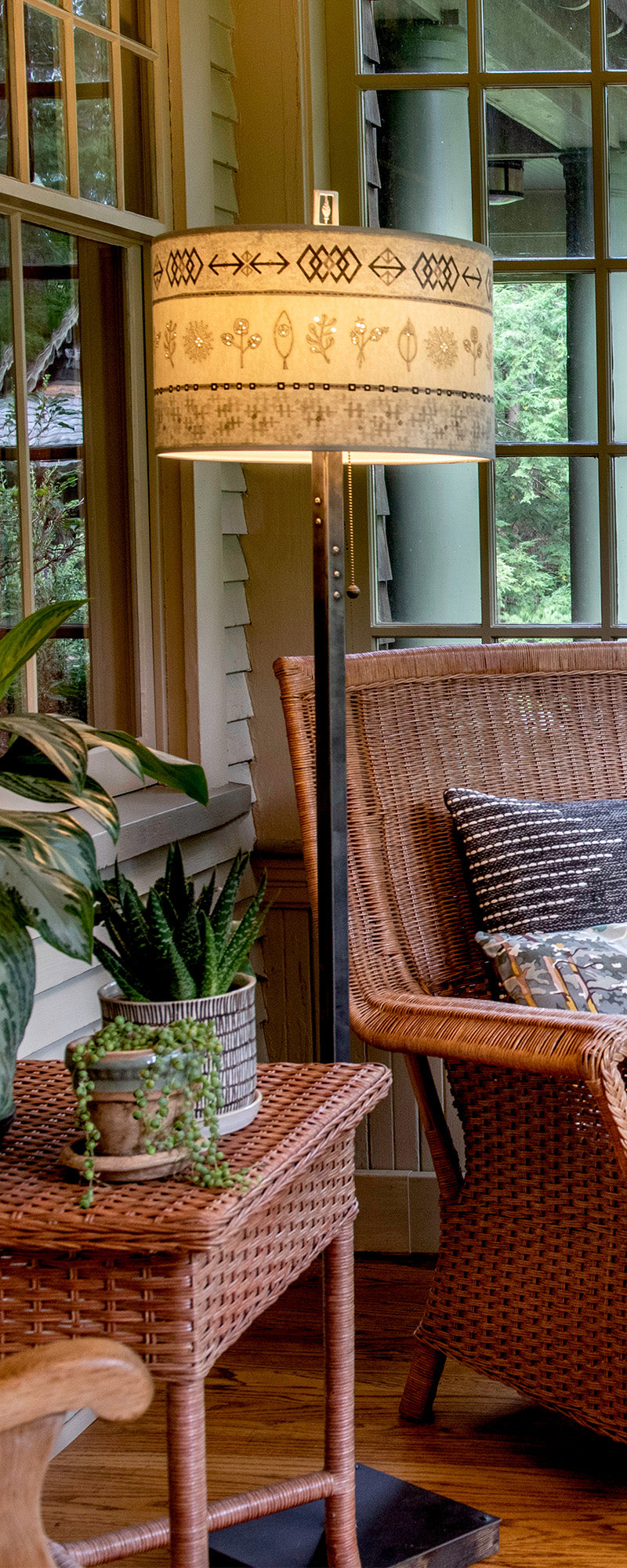 Janna Ugone & Co Floor Lamps Steel Floor Lamp on Reclaimed Wood with Large Drum Shade in Woven & Sprig in Mist