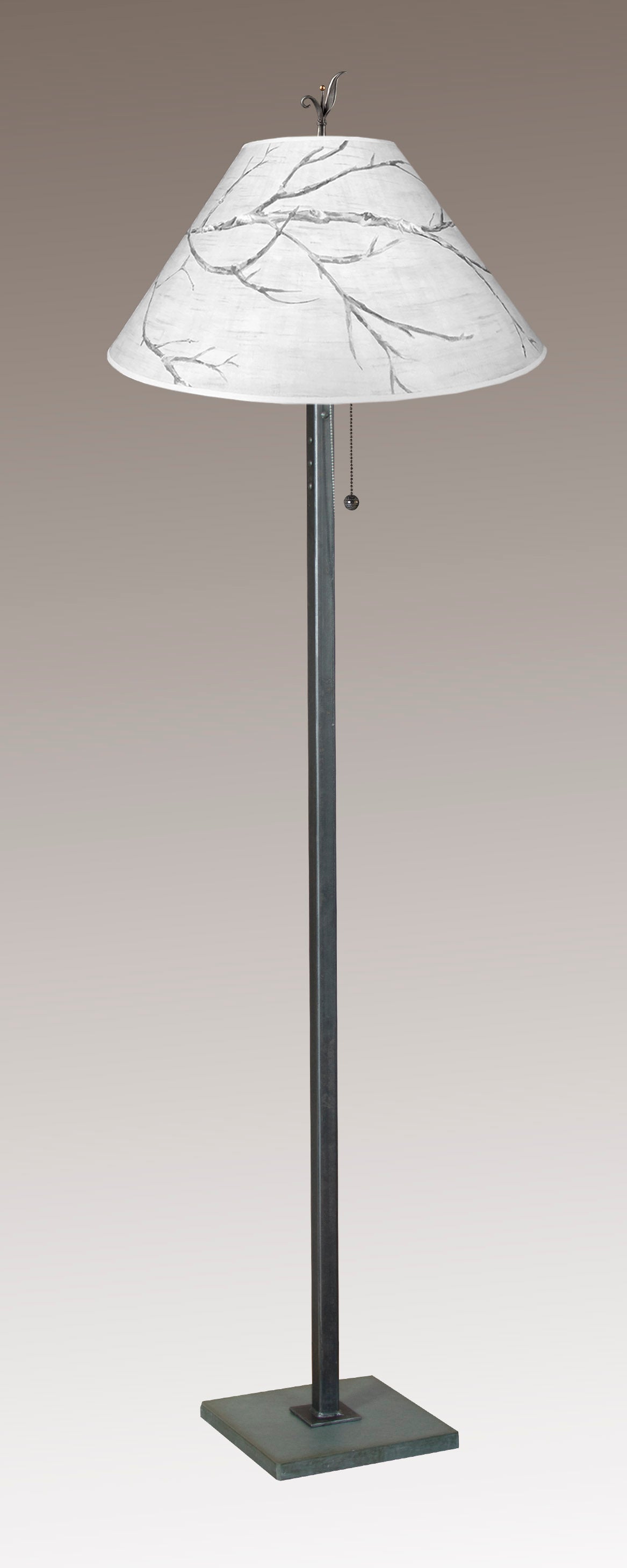 Steel Floor Lamp with Large Conical Shade in Sweeping Branch