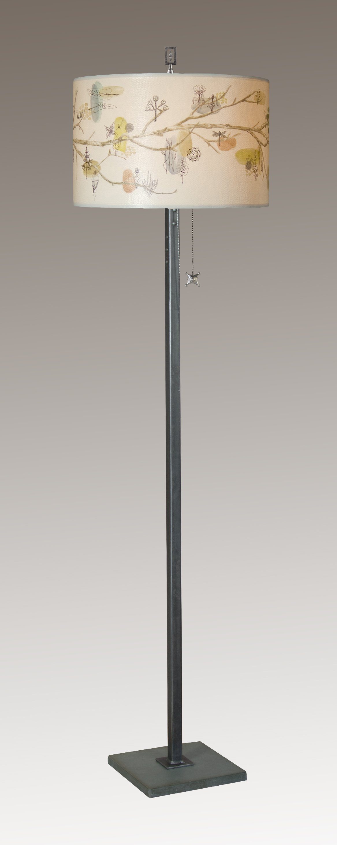 Steel Floor Lamp with Large Drum Shade in Artful Branch
