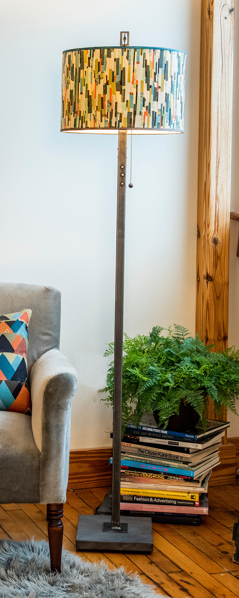 Steel Floor Lamp with Large Drum Shade in Papers - Janna Ugone & Co