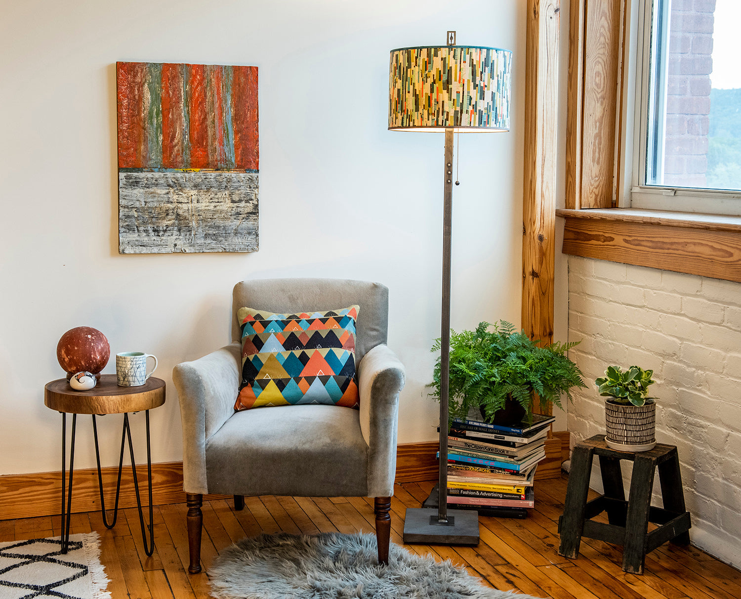 Janna Ugone & Co Floor Lamps Steel Floor Lamp with Large Drum Shade in Papers